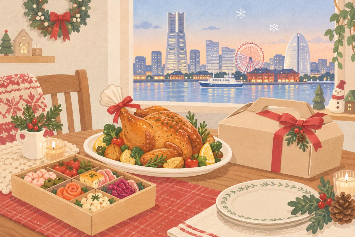 横浜の街並みとクリスマスの持ち帰り料理を描いたイラスト