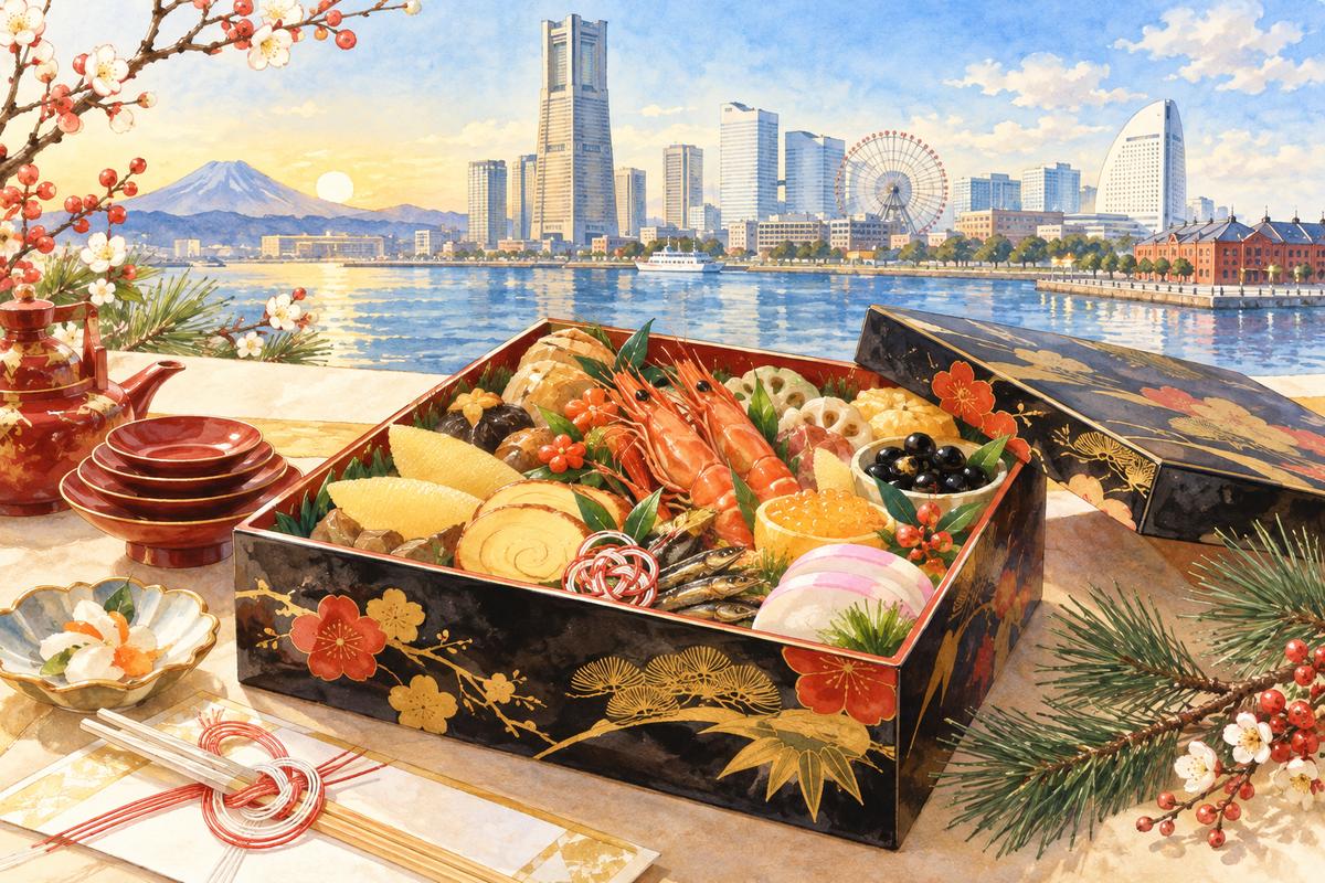 横浜の港とおせちのお正月イメージ（AI生成）